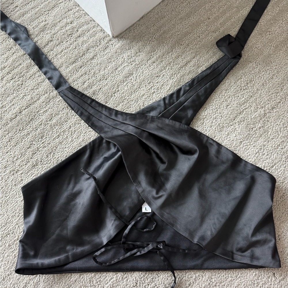 Black Satin Wrap Crop Top Halter Tic Toc
